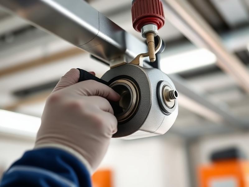 Technician lubricating garage door roller bearings for maintenance