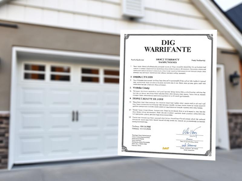 Garage door warranty document with new installation in background