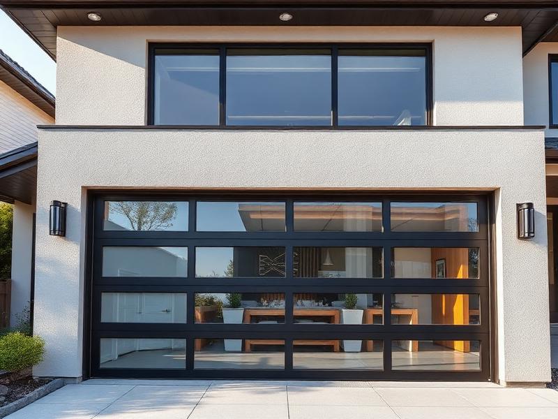 Contemporary glass panel garage door on modern home in Boston
