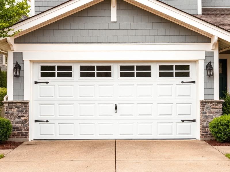 White insulated steel garage door with decorative windows on craftsman home