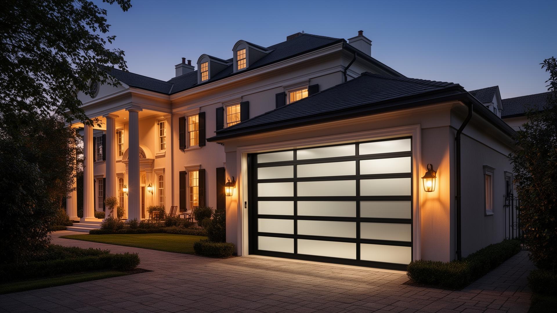 Ultra-modern glass and black aluminum garage door on Georgian mansion at dusk